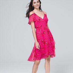 White House Black Market Dress Women 4 Pink Flutter Sleeve Cold Shoulder Floral